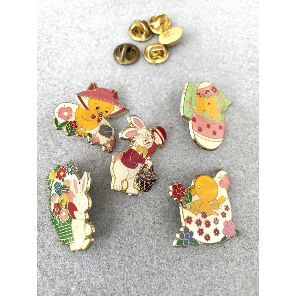 Vintage Easter Enamel Pin Set 5pc Bunny Chick Easter Egg Gold Tone Lapel Pins‎